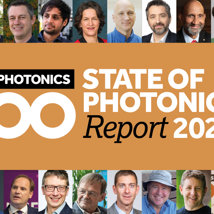 Montage of faces from the Photonicd 100 2026, surrounding the Photonics100 2026 logo in black and orange