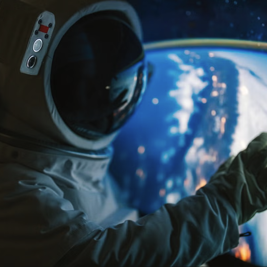Person in spacesuit in front of image of Earth