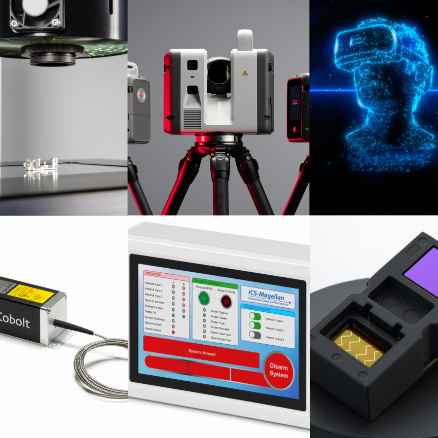 products from Physik Instrumente, OGP, Leica Geosystems, Trioptics, Optical Surfaces, Chilas, STMicroelectronics, Lasermet,  Hübner Photonics and NoIR