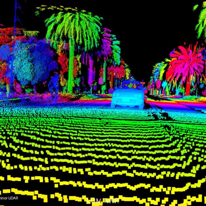 a multicoloured line image of a car taken by a Luminar lidar sensor