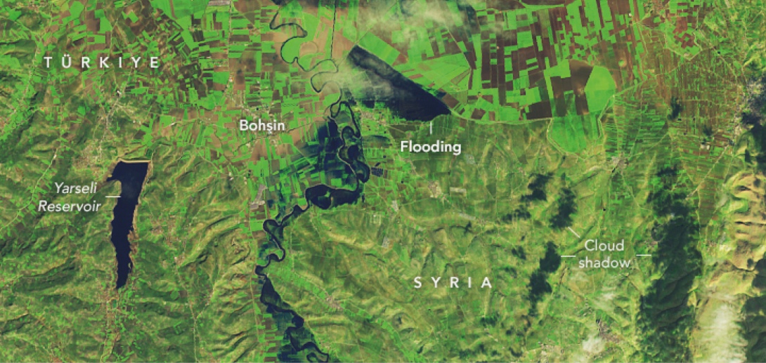 Nasa Earth Observatory satellite image showing flooding along the Orontes River (Credit: Lauren Dauphin/ NASA Earth Observatory/ US Geological Survey) Satellite image of flooding in Turkey and Syria
