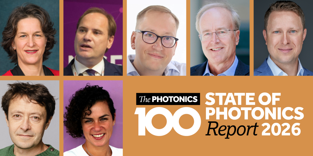 A montage of men and women's faces over the logo for the Photonics100 State of Photonics Report 2026