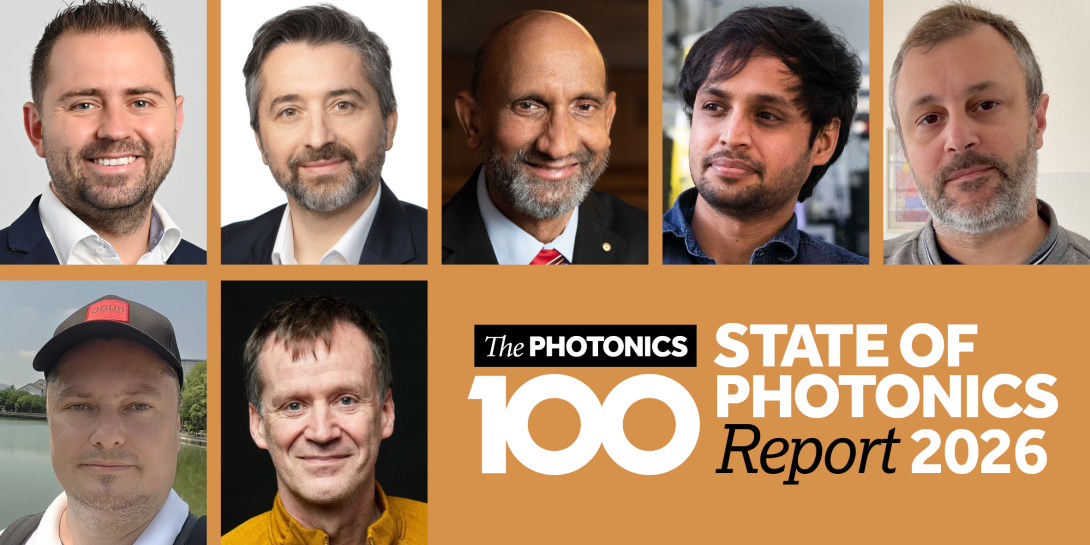A montage of men's faces over the logo of The Photonics100 State of Photonics Report