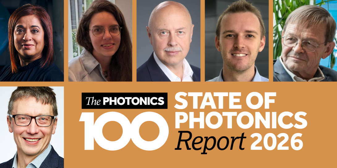 A montage of en and women's faces above the logo for The Photonics 100 State of Photonics Report 2026