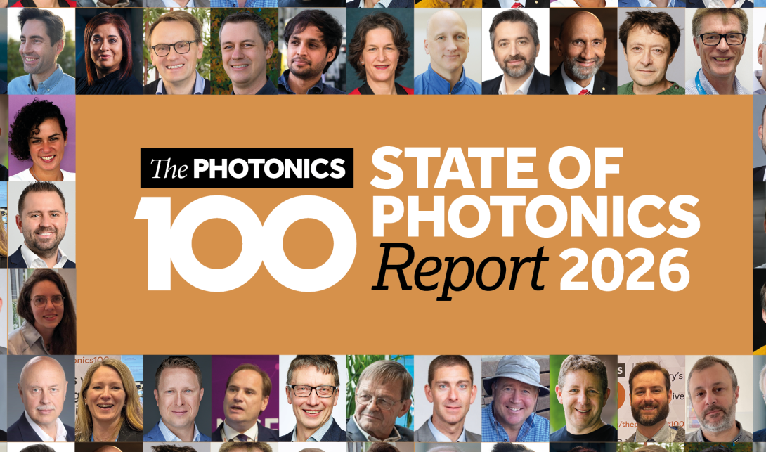 A montage of faces from the Photonics100, surrounding the logo for The State of Photonics Report 2026