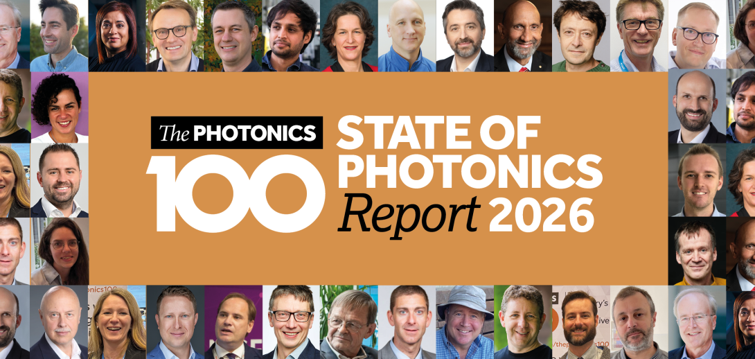 Montage of faces from the Photonicd 100 2026, surrounding the Photonics100 2026 logo in black and orange
